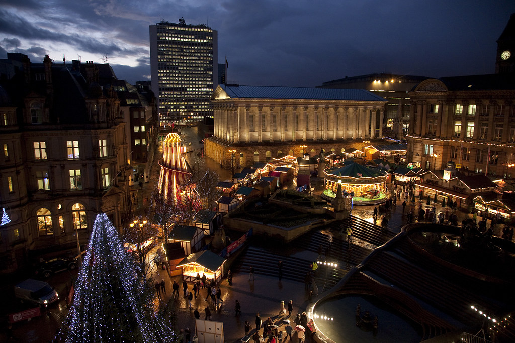 view from above of the festive lights at Birmingham Frankfurt Christmas Market after dark
