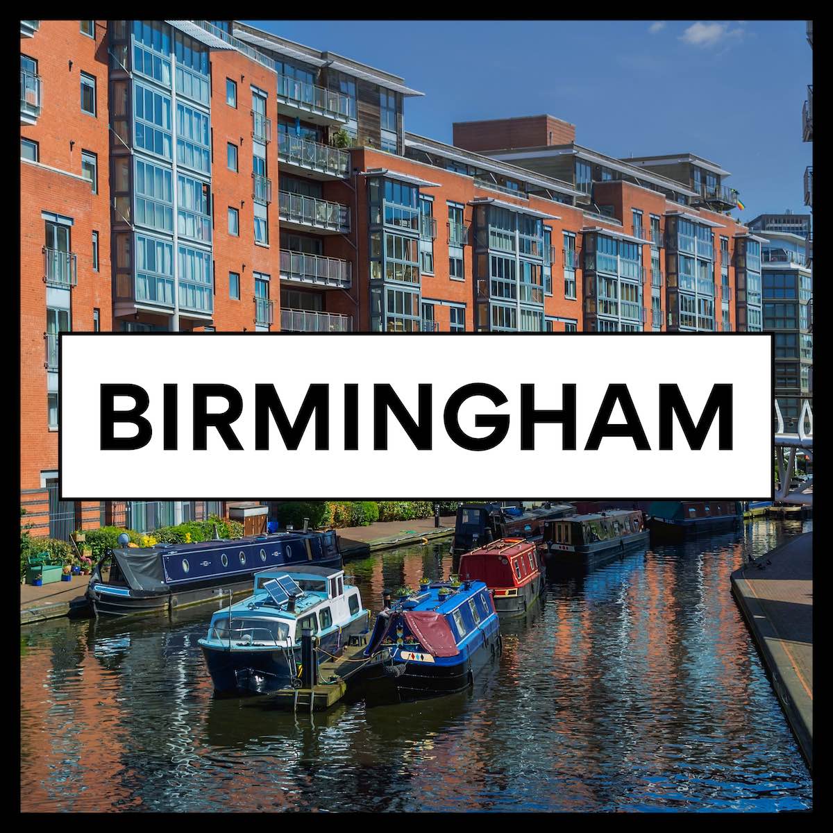 Square icon image with a black border and background photo of birmingham canals with bold birmingham text at forefront, on a white box