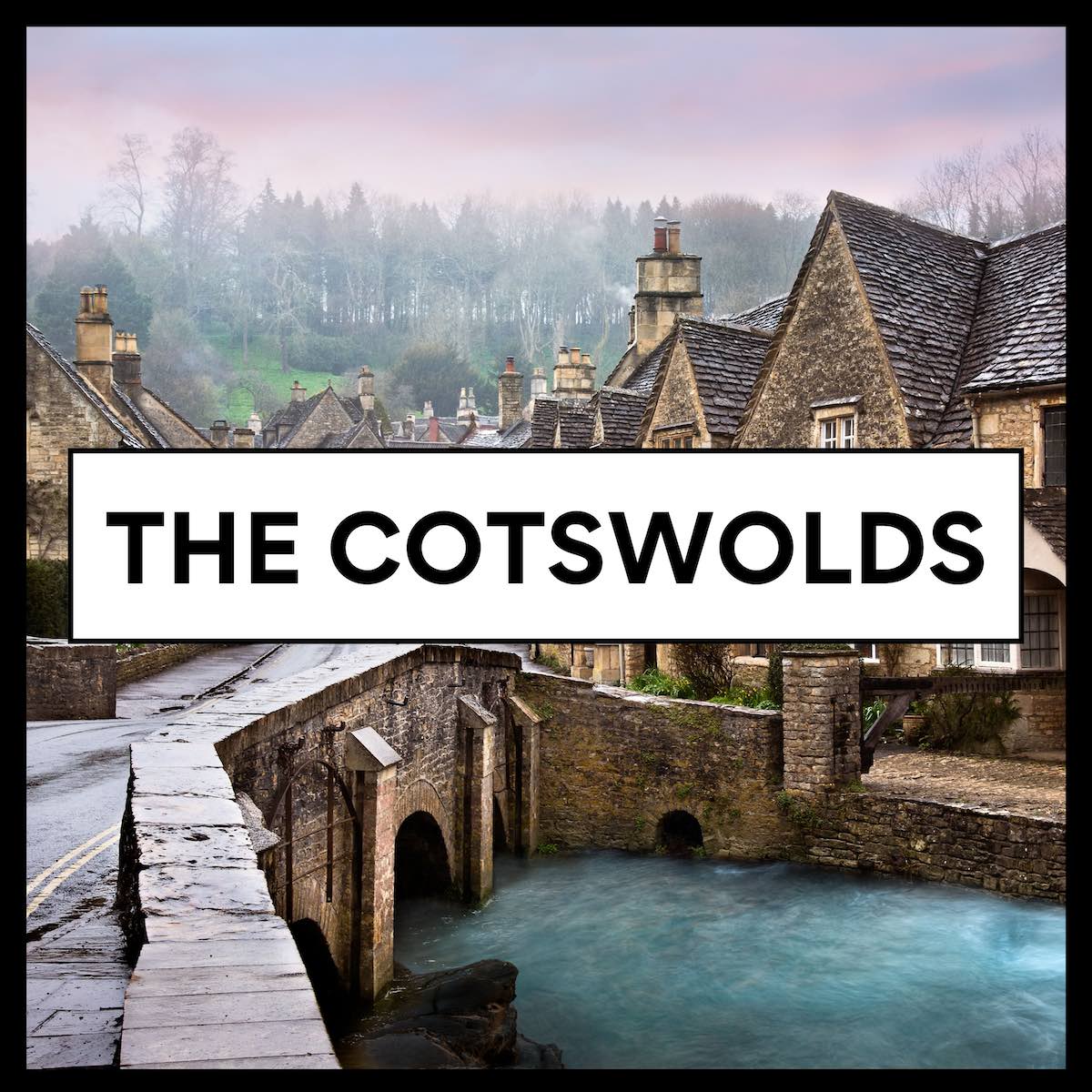 Square icon image with a black border and background photo of a cotswold village with bold the cotswolds text at forefront, on a white box