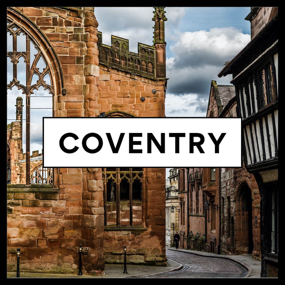 Square icon image with a black border and background photo of birmingham canals with bold birmingham text at forefront, on a white box