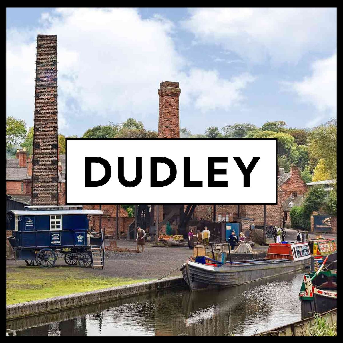 Square icon image with a black border and background photo of dudley canals with bold dudley text at forefront, on a white box