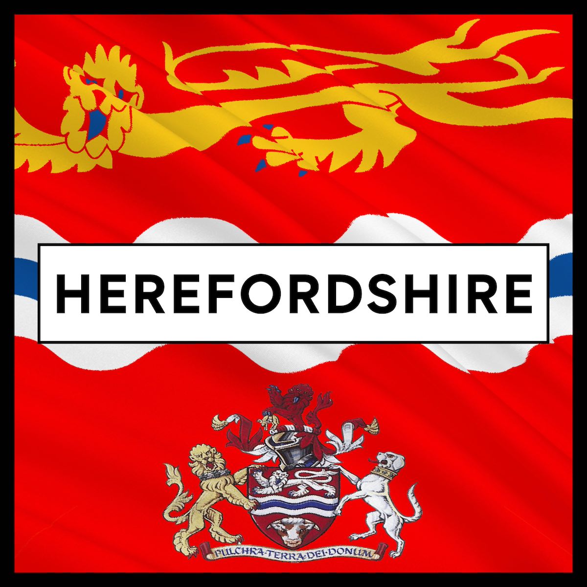 Square icon image with a black border and background image of the flag of herefordshire with bold herefordsire text at forefront, on a white box