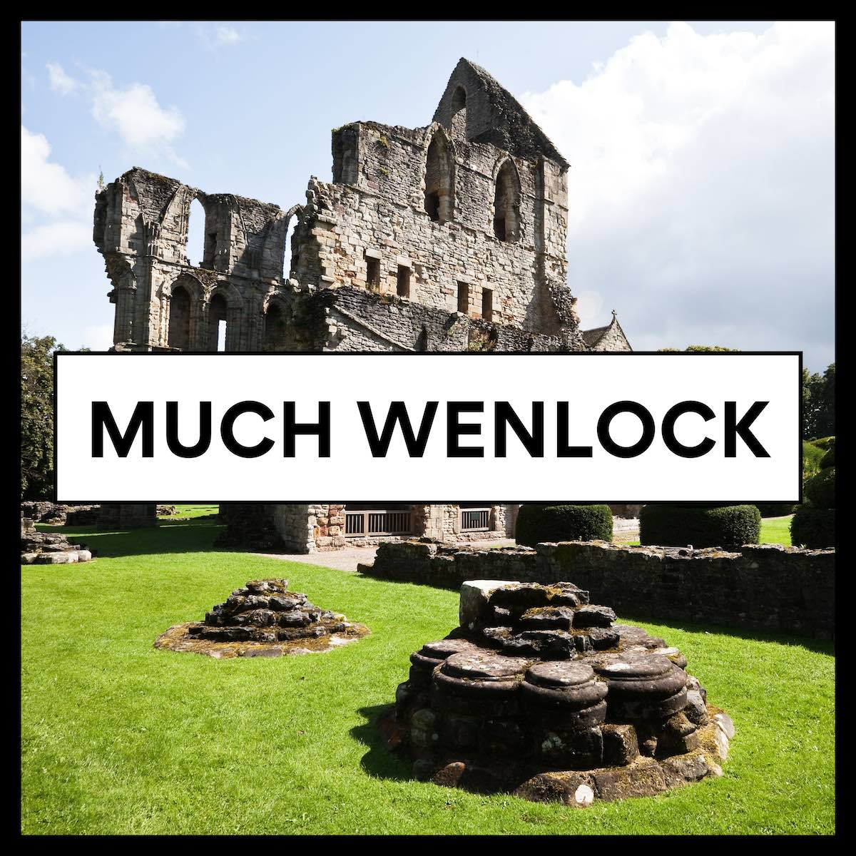 Square icon image with a black border and background photo of a castle ruin with bold much wenlock text at forefront, on a white box