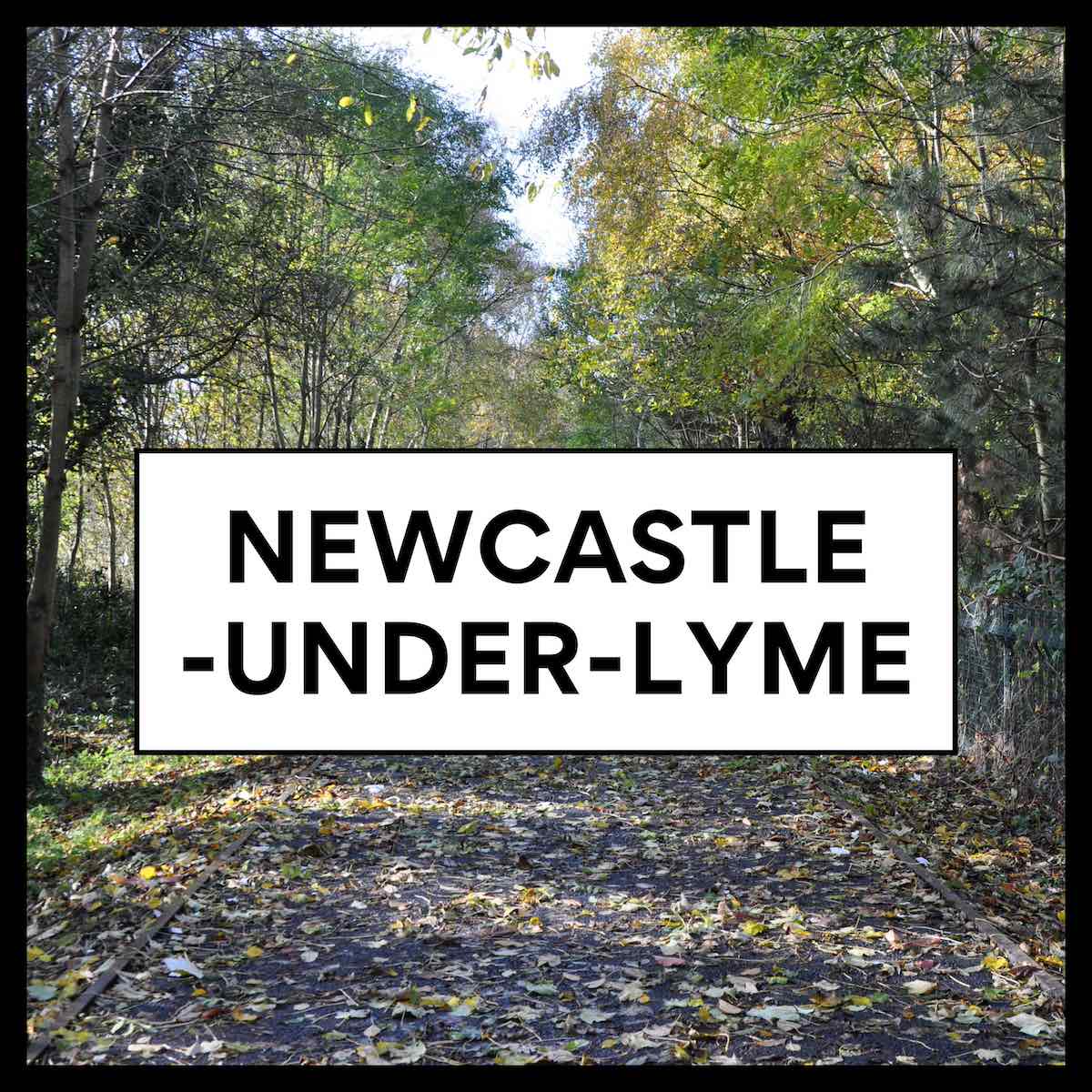 Square icon image with a black border and background photo of a path through woodlands with bold newcastle-under-lyme text at forefront, on a white box
