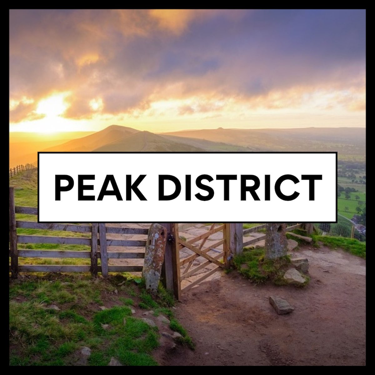 Square icon image with a black border and background photo of a sunset gate at the peak on a countryside  with bold peak district text at forefront, on a white box
