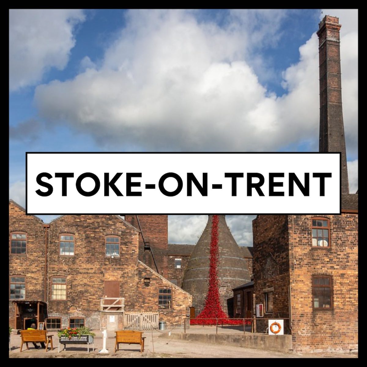 Square icon image with a black border and background photo of stoke-on-trent pottery factories with bold stoke-on-trent text at forefront, on a white box