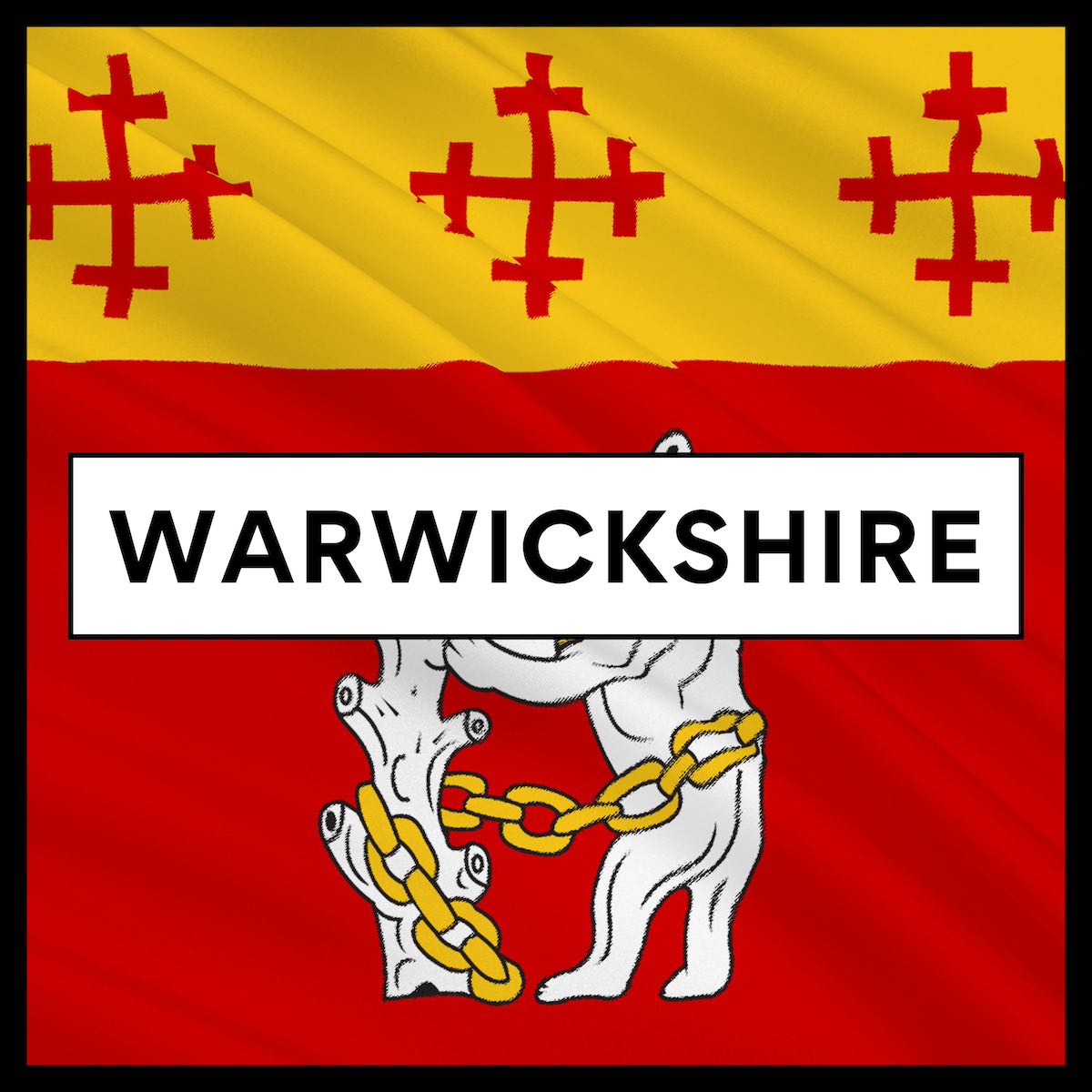 Square icon image with a black border and background image of the flag of warwickshire with bold warwicksire text at forefront, on a white box