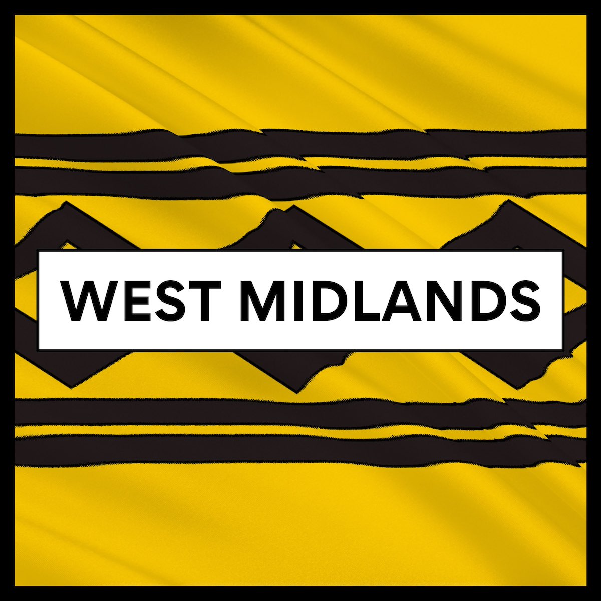 Square icon image with a black border and background image of the flag of the west midlands with bold west midlands text at forefront, on a white box