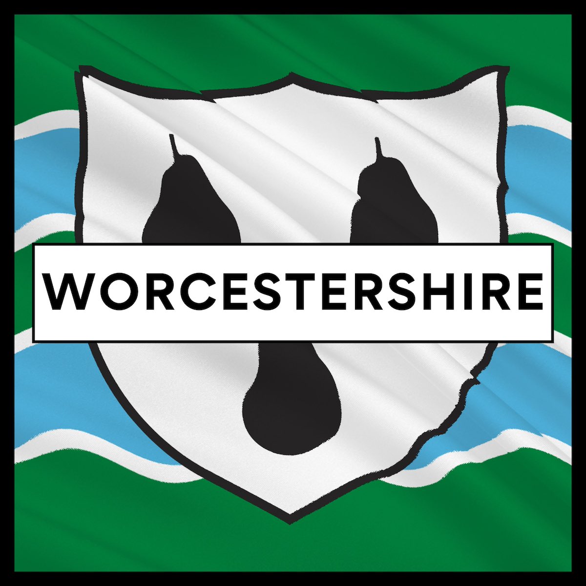 Square icon image with a black border and background image of the flag of worcestershire with bold worcestersire text at forefront, on a white box