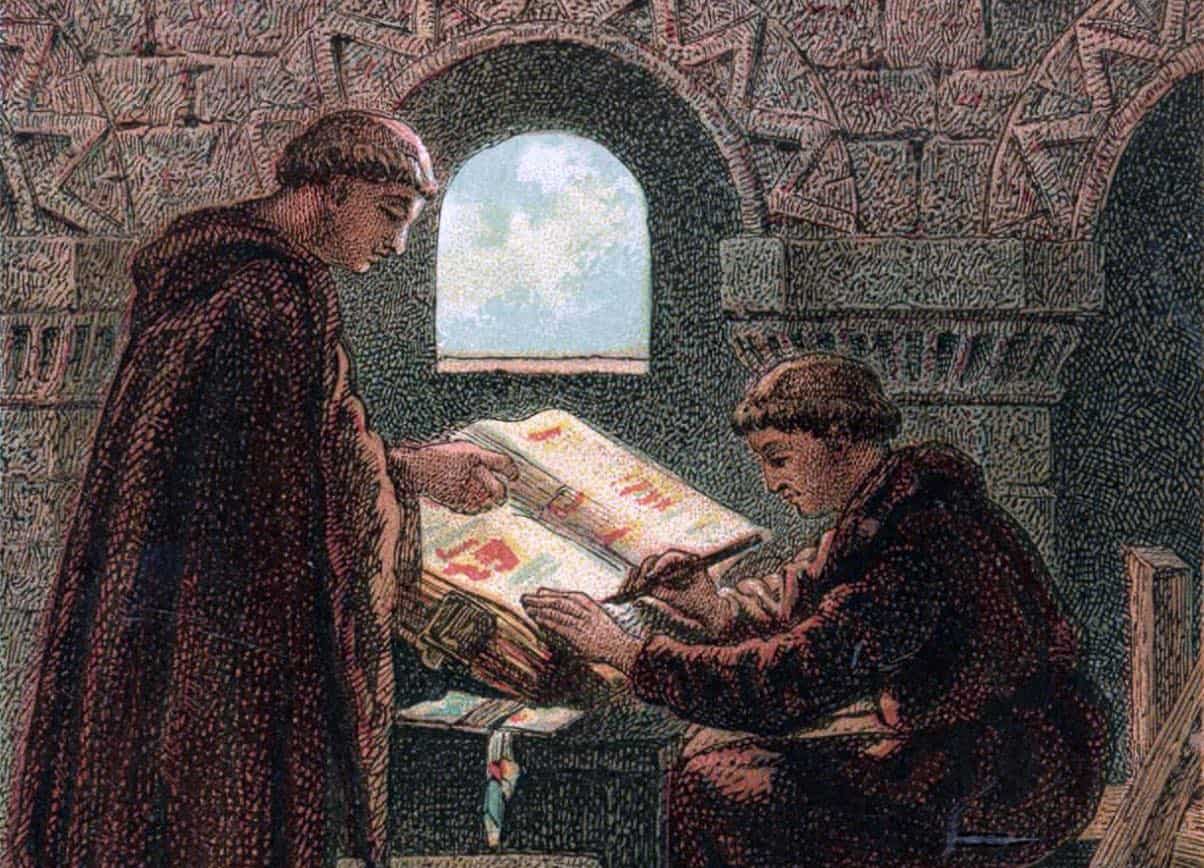 painting of two medieval officials writing the Domesday Book in England during the 11th century.