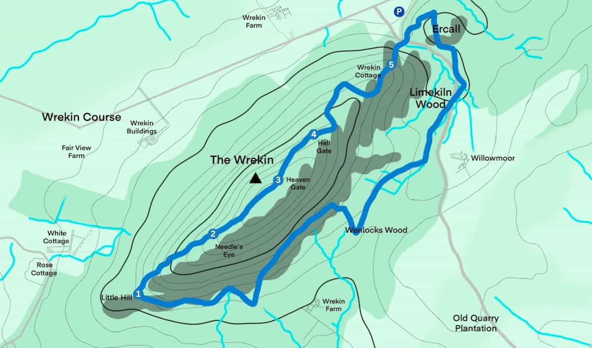 a map of the wrekin hill and region with bright blue numbered trail route around the hill and place names in the area
