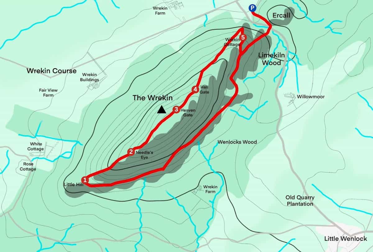 a map of the wrekin hill and region with bright red numbered trail route around the hill and place names in the area