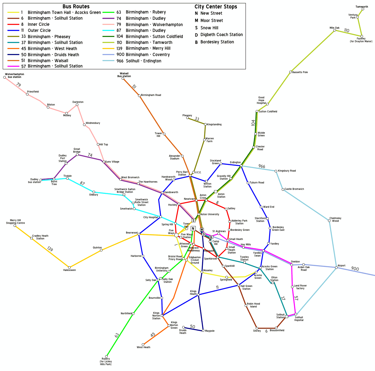 This is a schematic bus route map of Birmingham, showing major bus lines and their connections across the city and surrounding areas. Various colored lines represent different bus routes, such as Route 11 (Outer Circle), Route 50 (Birmingham to Druids Heath), and Route 104 (Birmingham to Sutton Coldfield). The map also indicates key city center stops like New Street, Moor Street, Snow Hill, Digbeth Coach Station, and Bordesley Station, marked with letters for easy reference. The lines radiate outward from the city center to suburbs and nearby towns, with stops labeled at regular intervals, providing a clear overview of Birmingham's public bus network.