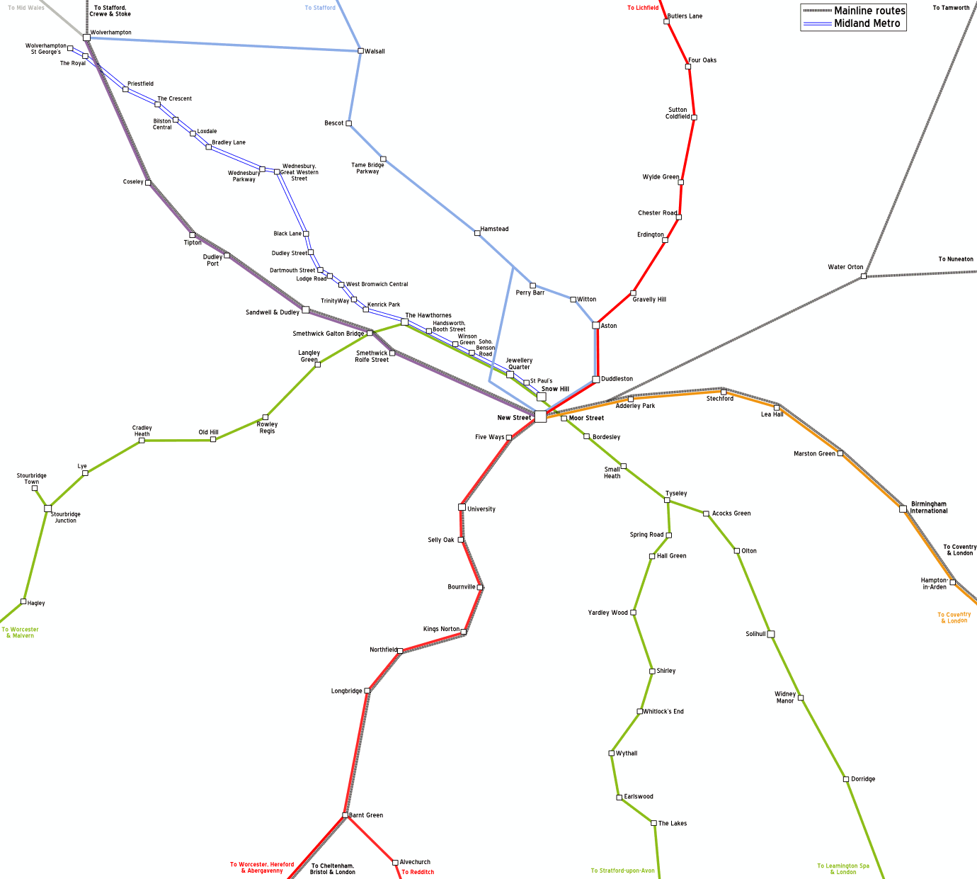 This image is a map of the rail network in the Birmingham area, including both mainline train routes and the Midland Metro system. The different rail lines are color-coded: red, green, blue, purple, and grey, representing different routes or services. Major stations such as Birmingham New Street, Moor Street, and Snow Hill are located in the center of the map, where multiple lines converge. The map also displays routes to surrounding cities, such as Wolverhampton, Lichfield, Coventry, and Worcester, along with key stations like Birmingham International, Solihull, and Sutton Coldfield.