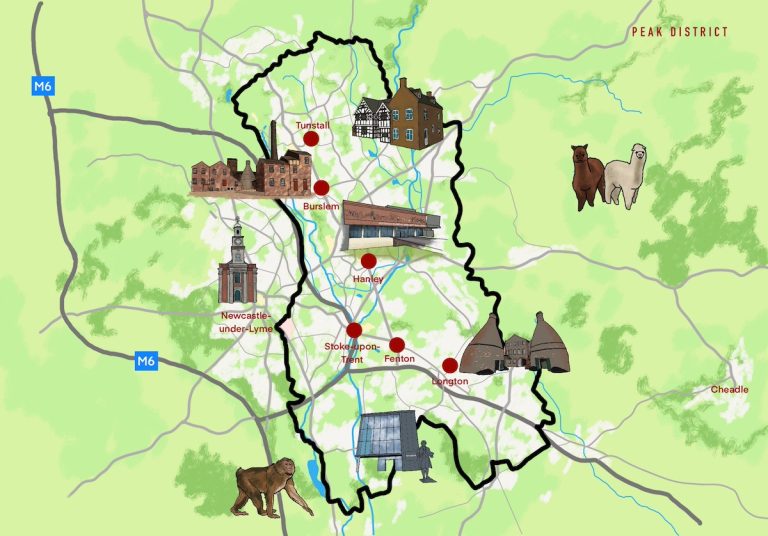 A stylized map of the Stoke-on-Trent area in England, showing major towns like Tunstall, Burslem, Hanley, Stoke-upon-Trent, Fenton, and Longton. The map includes illustrations of local landmarks, animals, and the M6 motorway. The Peak District is labeled to the east.