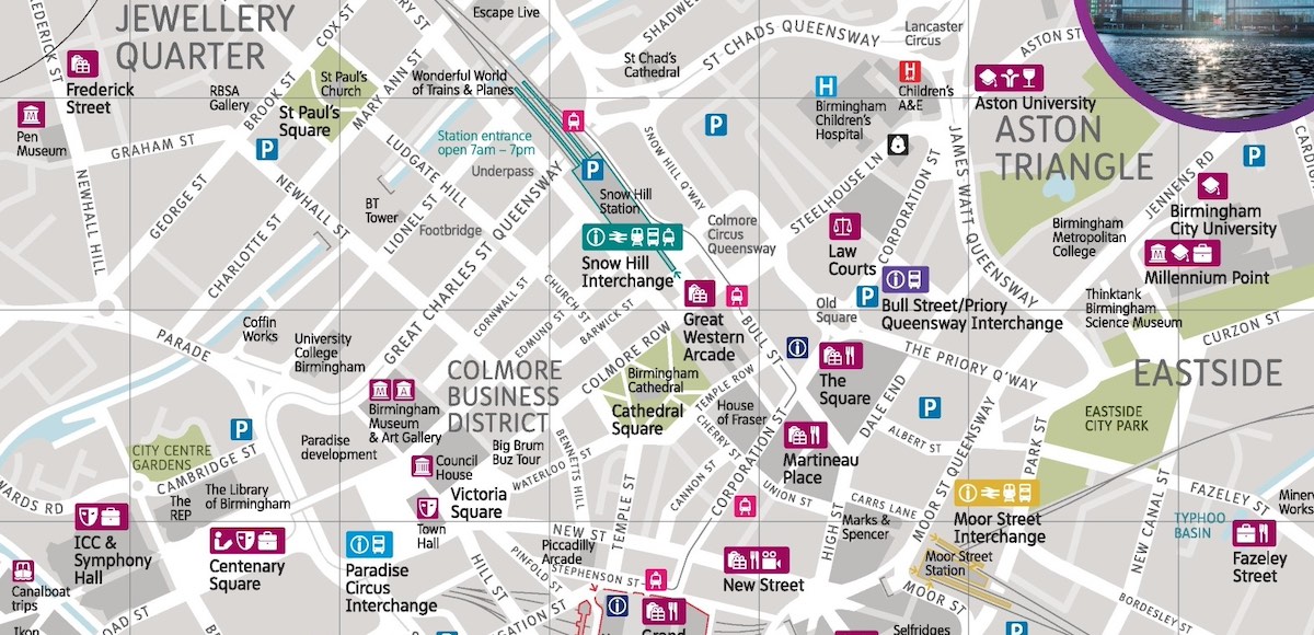 The image is a detailed map of Birmingham City Centre, focusing on key areas like the Jewellery Quarter, Colmore Business District, Aston Triangle, and Eastside. It highlights important landmarks such as Snow Hill Station, St Paul's Square, Birmingham Children's Hospital, Bull Street/Priory Queensway Interchange, and Victoria Square. Symbols on the map mark transport interchanges, bus stops, parking areas, and prominent attractions, including museums, galleries, cathedrals, and shopping areas. Areas of interest like the Birmingham Museum & Art Gallery, the Library of Birmingham, and the ICC & Symphony Hall are clearly marked. Additionally, various pedestrian pathways, streets, and green spaces are depicted, making it easy to navigate between transport hubs and key city landmarks.