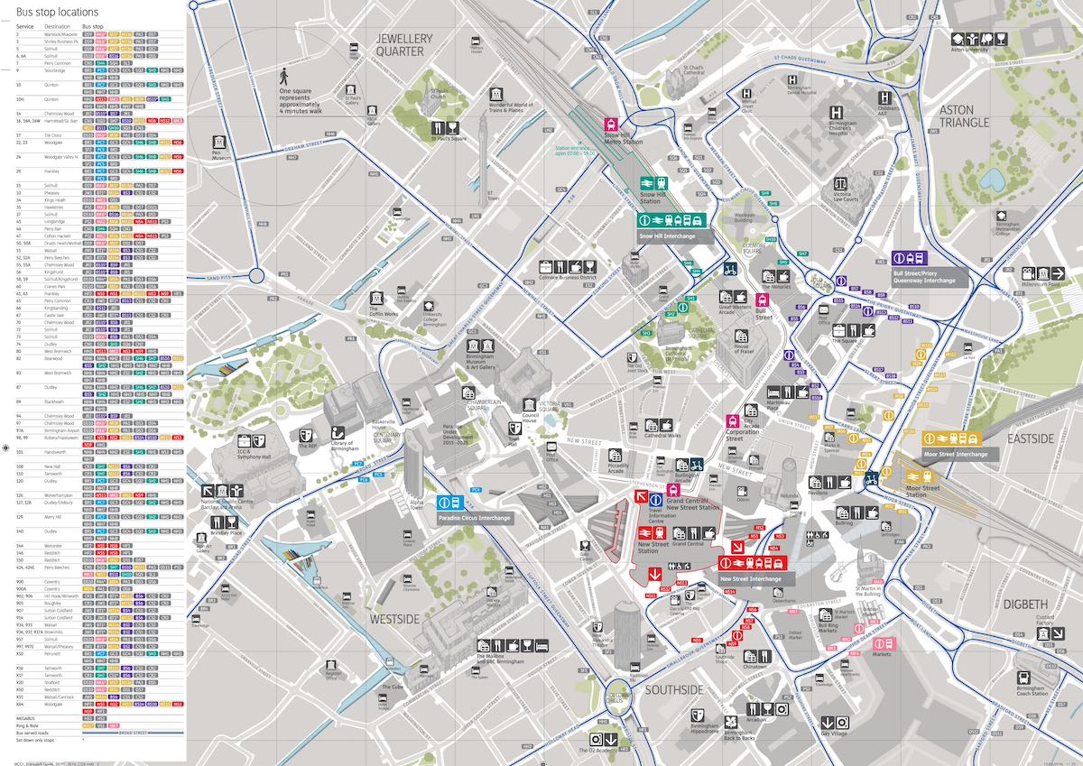 The image is a detailed map of bus stop locations in Birmingham's city center. The map highlights key landmarks, streets, and transport hubs, including major interchanges like New Street Station, Snow Hill Station, and Moor Street Station. Bus stops are color-coded and numbered, corresponding to a table on the left side of the map that lists bus services, destinations, and their respective stops. Several icons indicate facilities such as restrooms, parking, shopping areas, and major buildings (e.g., museums, hospitals). The map covers areas like Westside, Southside, Aston Triangle, Eastside, and the Jewellery Quarter, with clear pathways and symbols showing public transport routes and access points. It provides a user-friendly visual guide to help travelers locate their bus stops and navigate around central Birmingham.