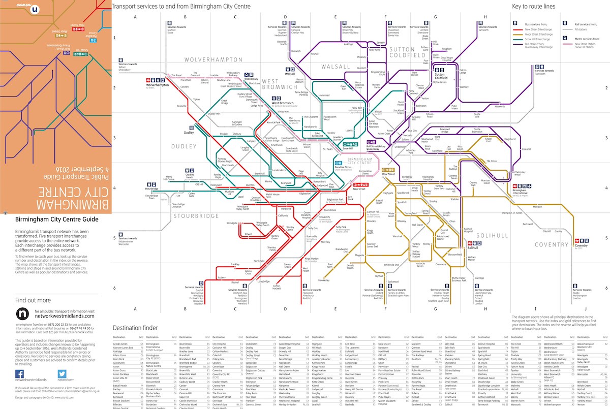 The image is a public transport map of Birmingham City Centre, showcasing the bus and rail networks connecting various regions to and from the city. The map is color-coded, representing different bus and rail routes using distinct colors such as red, green, purple, yellow, and teal. These routes extend out from Birmingham's city center, covering regions like Wolverhampton, Dudley, Walsall, Sutton Coldfield, Solihull, and Coventry. There are clear labels for key transport interchanges such as Birmingham New Street, Snow Hill, and Moor Street stations. The grid-like layout divides the map into numbered and lettered sections to help users locate specific areas. A destination finder is present at the bottom, listing various locations and their corresponding coordinates on the map for easy reference. A "Key to route lines" section in the top-right explains symbols for bus, rail, and metro services. The map is designed to be a guide for the public transport system as of September 2016.