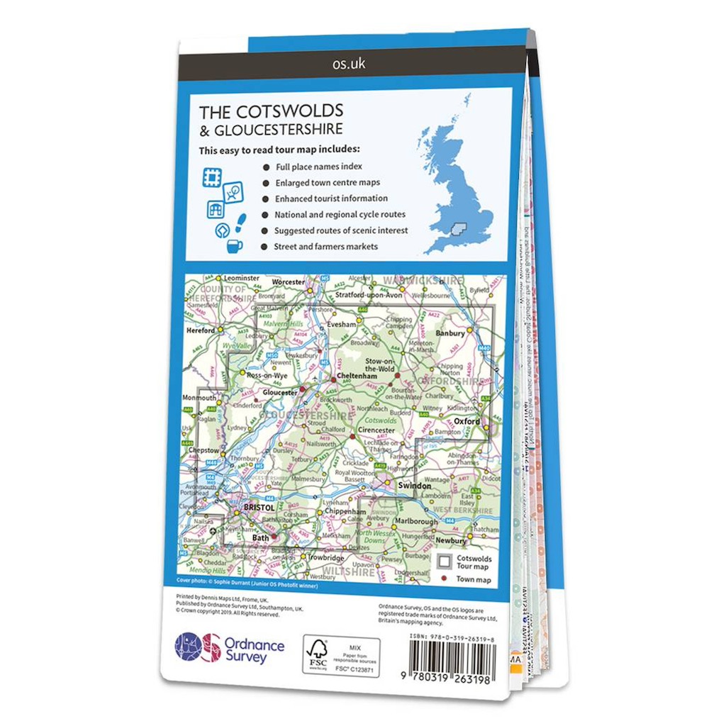 The reverse side of the Cotswolds & Gloucestershire Ordnance Survey tour map. It displays a partial map of the region showing towns including Gloucester, Cheltenham, Bristol, Bath, Oxford, and Swindon. Above the map is information about features included: full place names index, enlarged town center maps, enhanced tourist information, cycle routes, suggested scenic routes, and market information. The top contains the OS.uk website and a small outline map of Great Britain. The bottom shows publisher information, Ordnance Survey logo, FSC certification, and barcode.