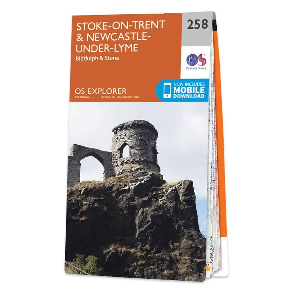 Cover of OS Explorer map 258 showing Stoke-on-Trent & Newcastle-under-Lyme, Biddulph & Stone. The orange and white cover features a photograph of ancient stone castle ruins with a cylindrical tower and archway against a cloudy sky. The map is published by Ordnance Survey at 1:25,000 scale and includes mobile download capability.