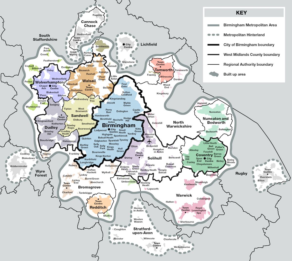 Administrative map of the West Midlands showing county boundaries, metropolitan areas, major towns and cities including Birmingham, Wolverhampton, Coventry, Dudley, and Walsall, with different regions color-coded and built-up areas highlighted in gray.