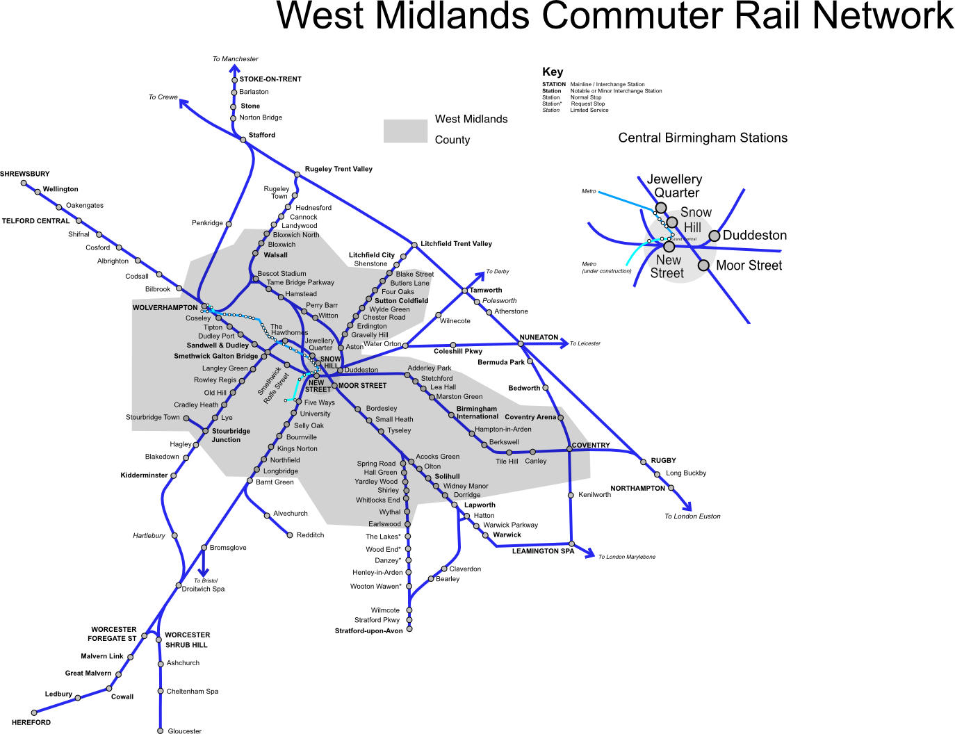 Schematic rail network map showing the West Midlands commuter train system with colored lines representing different routes, stations marked with dots, and connections to surrounding areas including routes to Manchester, London, and other major destinations.