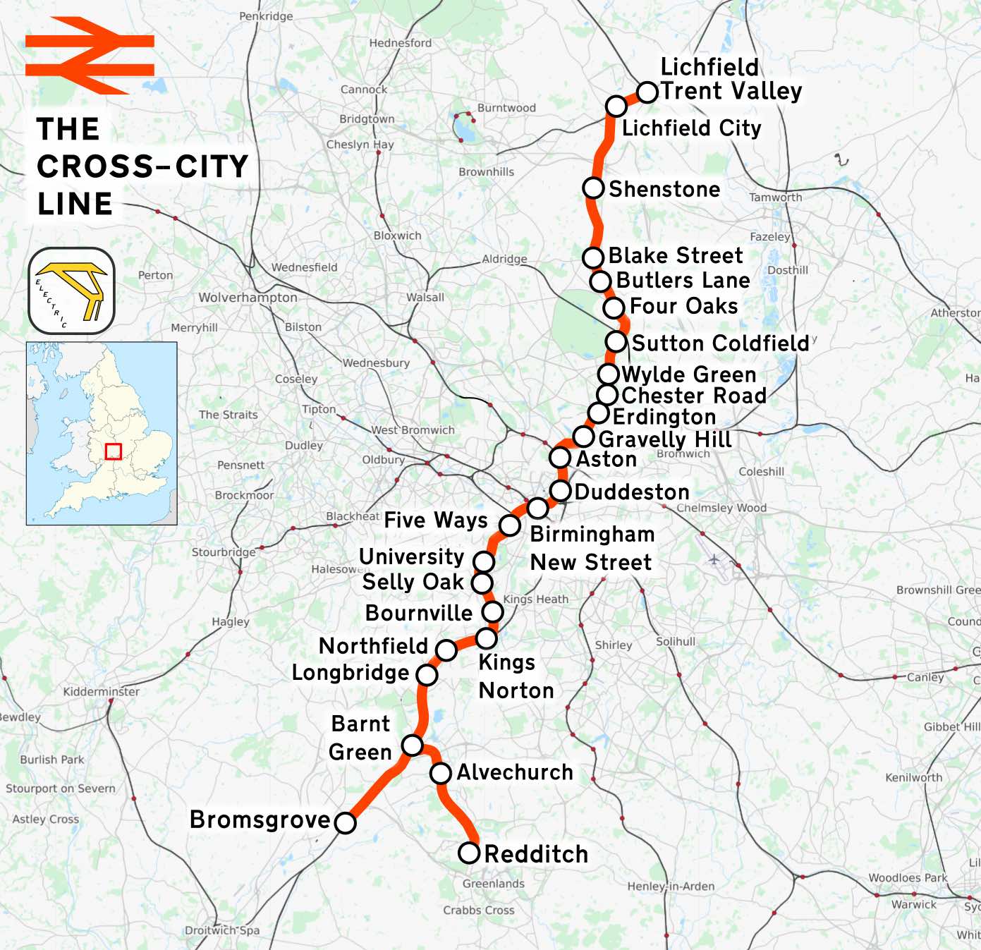 Detailed route map of the Cross-City Line showing stations from Lichfield in the north through Birmingham city center to Redditch in the south, with the rail line highlighted in orange against a street map background and a small inset map showing the line's position within England.