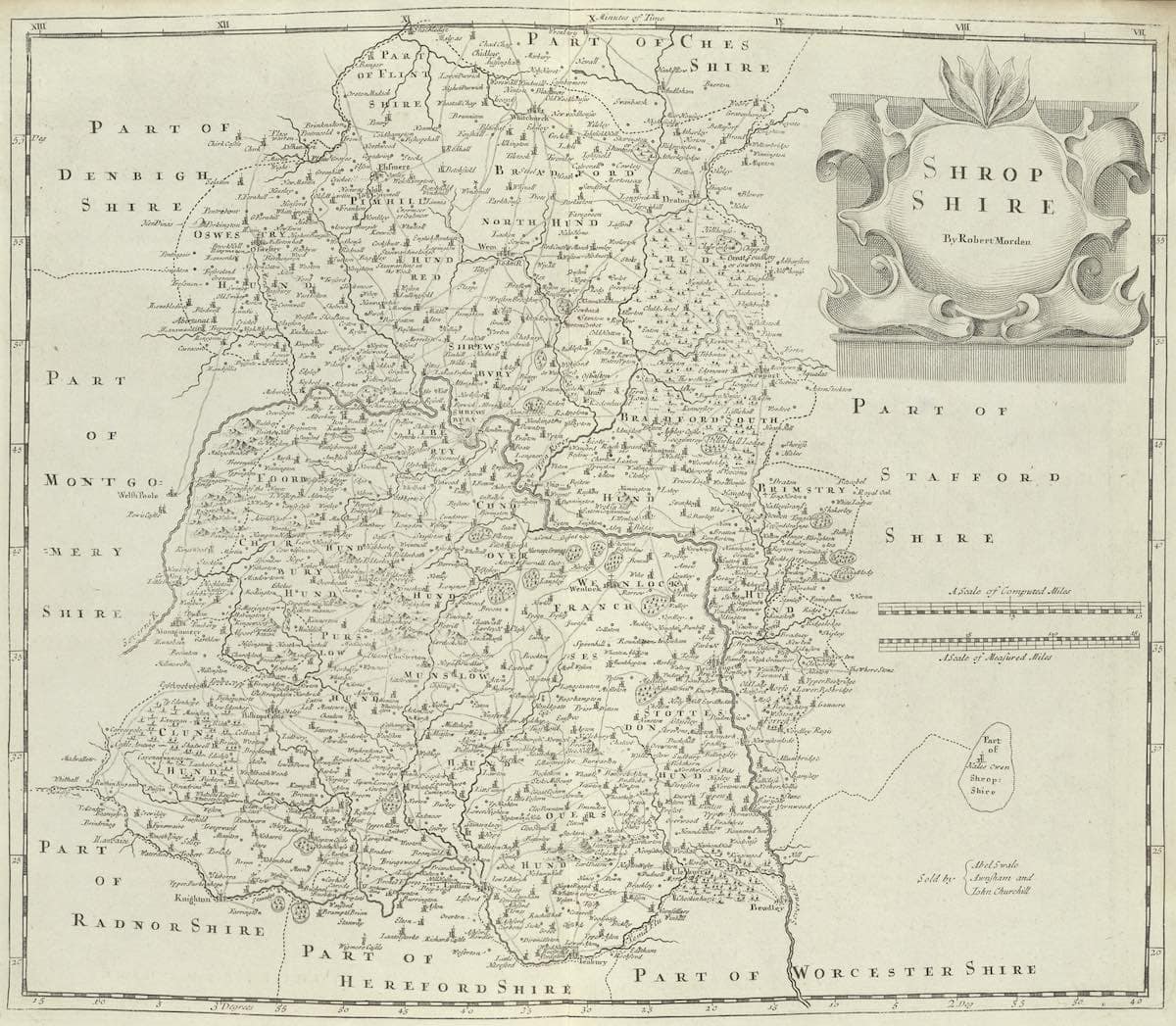 vintage detailed map of shropshire county with itnricate detail of rivers trees and hills, old road routes and old/former names and some current names of towns and villages, dated 1695.