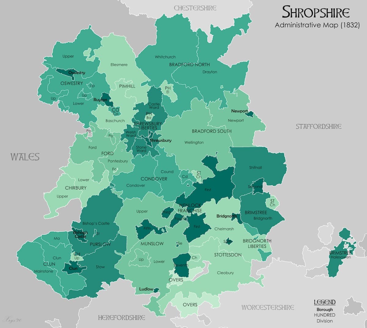 geographical map of shropshire county in England, with different shades of green highlighted areas and regions within shropshire, and old/former names of the regions, towns and villages from 1832.