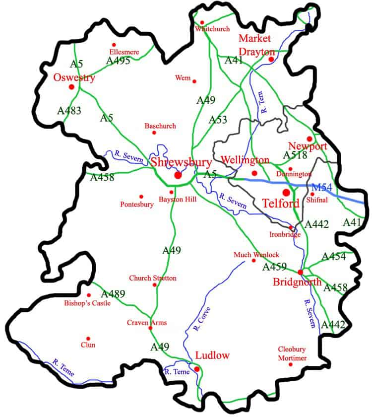 Modern road map of Shropshire, England, highlighting towns like Ludlow, Telford, and Oswestry, with major routes (A49, A458) and the River Teme.
