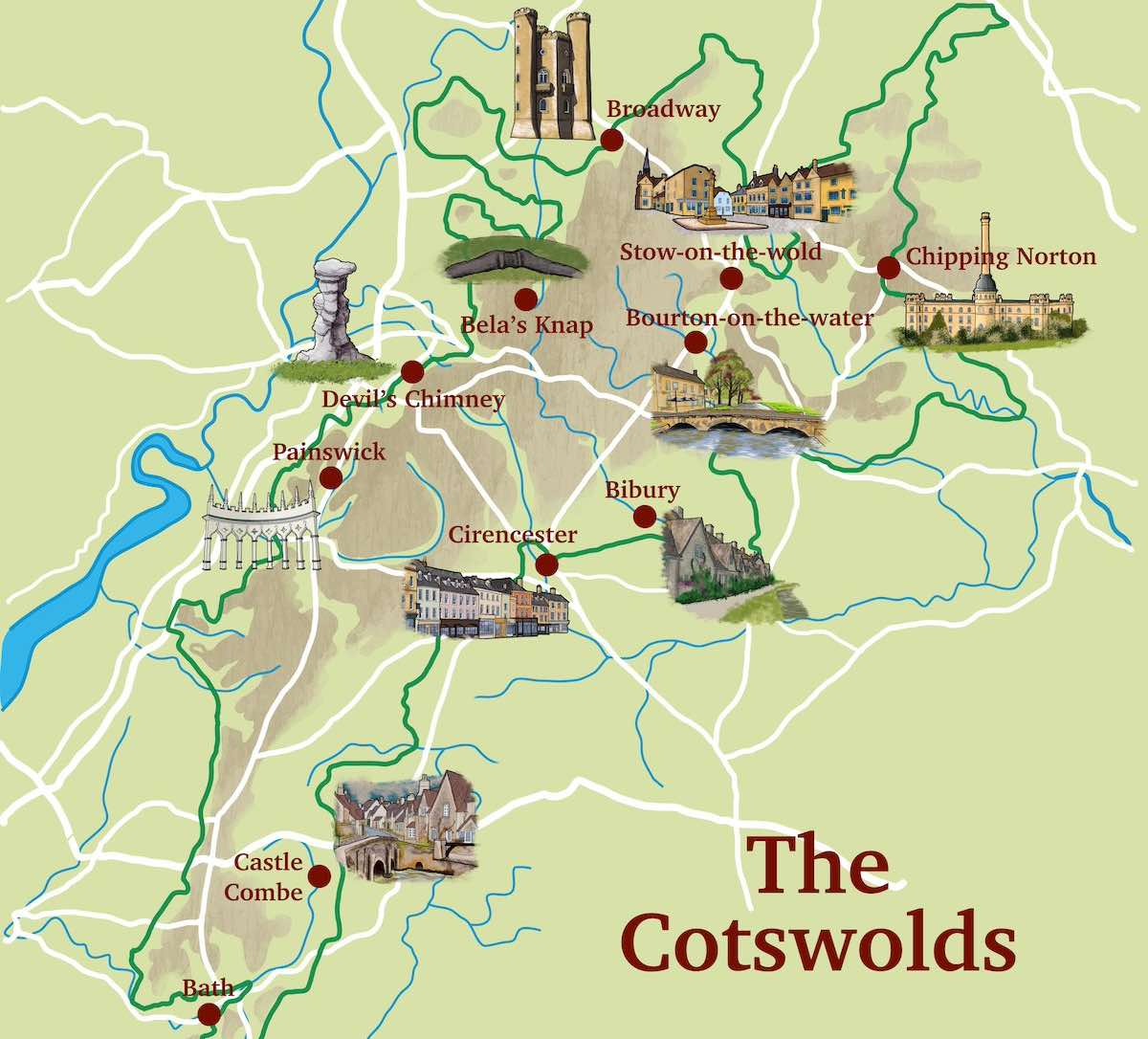 an illustrated road map showing the COtswolds region with big red Cotswolds title, red dots with red names for main towns, white roads, blue river, brownish shading for urban areas, a dark green border around the region, and detailed illustrations of famous landmarks around the region.