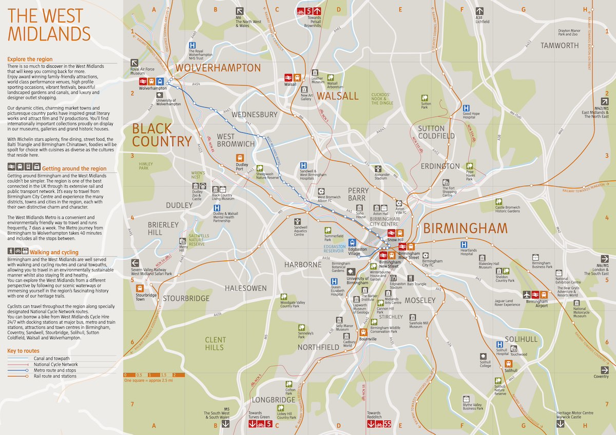Colorful tourist map of the West Midlands highlighting major attractions, landmarks, and points of interest with icons and symbols, showing areas like the Black Country, key tourist destinations, and transport links across Birmingham, Wolverhampton, and surrounding areas.