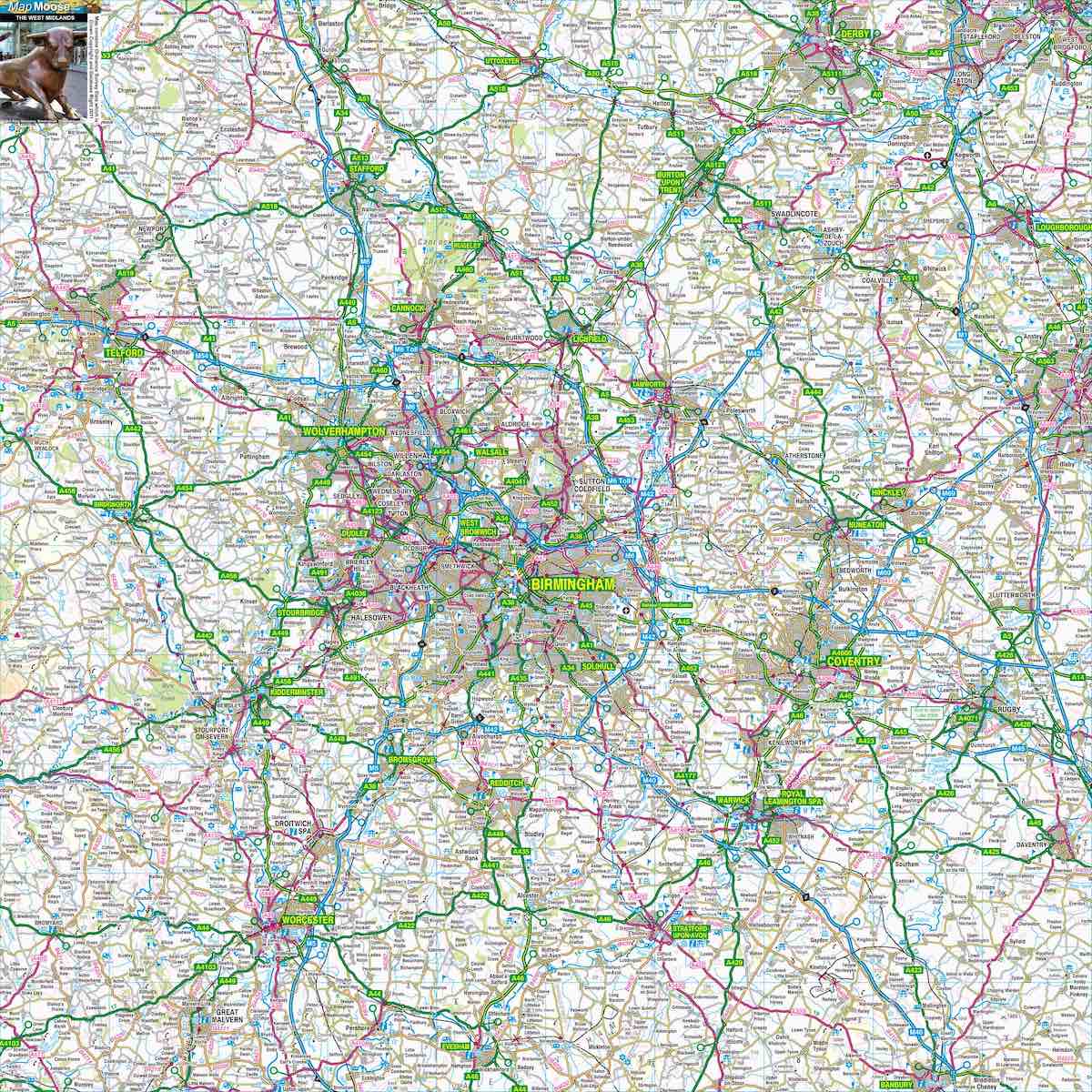 Highly detailed road map of the West Midlands showing major motorways, A-roads, B-roads, and local streets with Birmingham and Wolverhampton prominently featured, along with topographical details and comprehensive road network coverage.