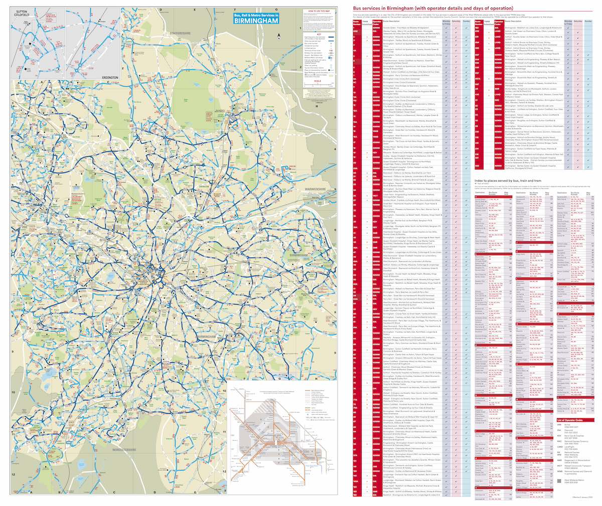 A comprehensive Birmingham bus network map showing the greater Birmingham area with extensive blue bus route lines covering the metropolitan region. The left side features a detailed street map with numbered bus routes overlaid on the geography, including areas like Sutton Coldfield and Erdington. The right side contains multiple columns of detailed bus service information including operator details, days of operation, and timetable data organized in red and white sections. At the bottom right is an index for places served by bus, train and tram with corresponding route numbers and service details.