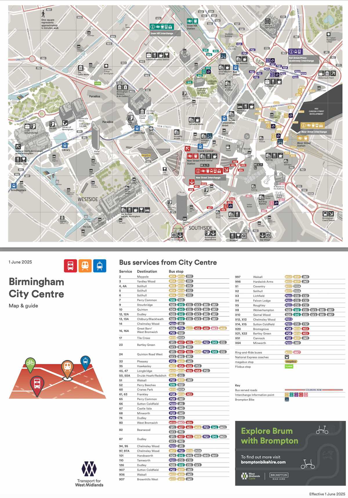 A Birmingham City Centre transit map and guide from June 2025 showing bus services from the city center. The map displays the central Birmingham area with color-coded bus routes, numbered stops, and key landmarks. Below the map is a comprehensive table listing bus services by route number, destination, and bus stop locations. The guide includes sections for different areas like Westside and Southside, with colorful icons for different transport modes. At the bottom is branding for Transport for West Midlands and a promotional section for 'Explore Brum with Brompton' bike hire services.