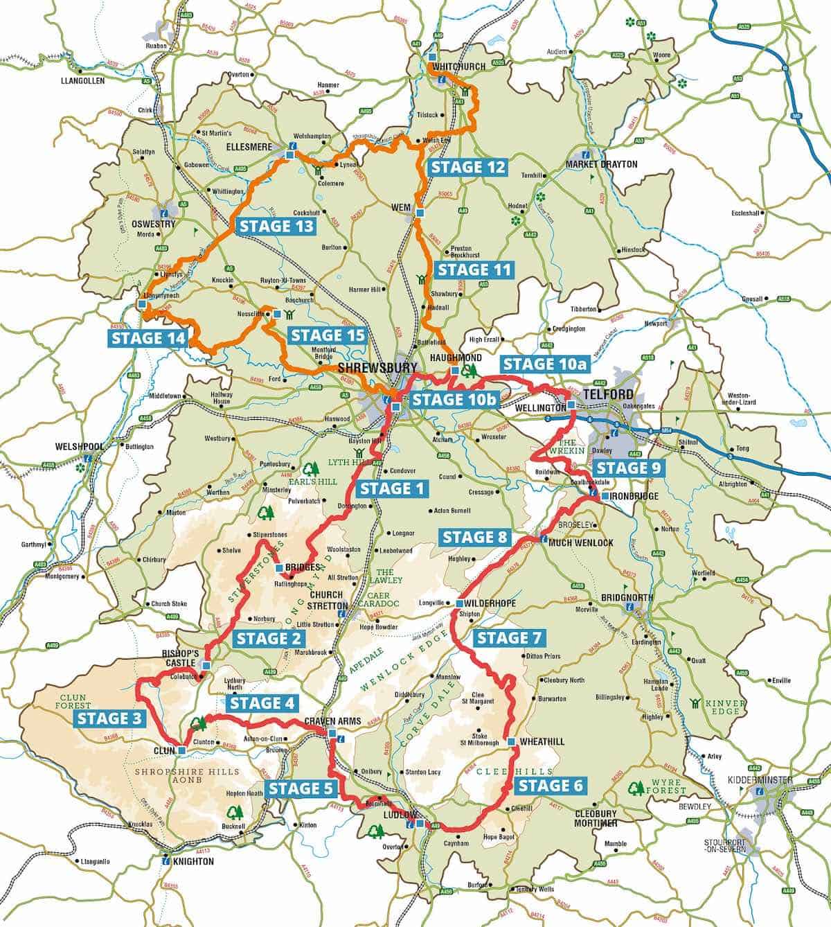 Multi-stage route map with numbered stages (1 through 14) for long-distance trail or hiking paths around Shropshire county.