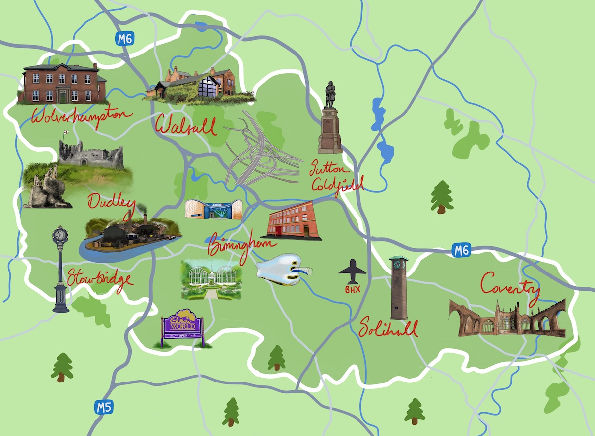 A stylised illustrated map of the West Midlands region showing major towns and cities with their notable landmarks. The map features Wolverhampton with historic buildings, Walsall with Tudor-style architecture, Sutton Coldfield with a monument, Birmingham in the center with modern buildings and botanical gardens, Dudley with castle ruins, Stourbridge with a clock tower, Solihull with an industrial tower, and Coventry with cathedral ruins. The map shows major motorways M5 and M6, rivers and waterways in blue, scattered green trees, and includes attractions like Cadbury World. Airport symbols indicate Birmingham Airport (BHX). The illustration uses a green background with red script lettering for place names and combines realistic architectural drawings with a cartoon-style map design.
