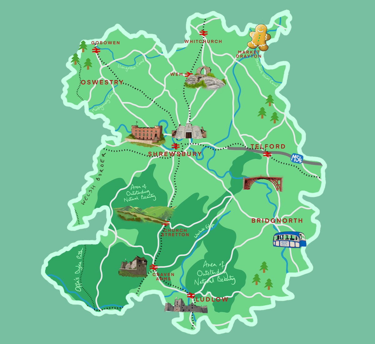 Illustrated map featuring towns in Shropshire, England, including Whitchurch, Oswestry, Shrewsbury, Telford, and Bridgnorth, with labels such as 'Area of Outstanding Natural Beauty' and illustrated, iconic landmarks like the Iron Bridge, Shrewsbury Prison, Ludlow Castle and a gingerbread man.
