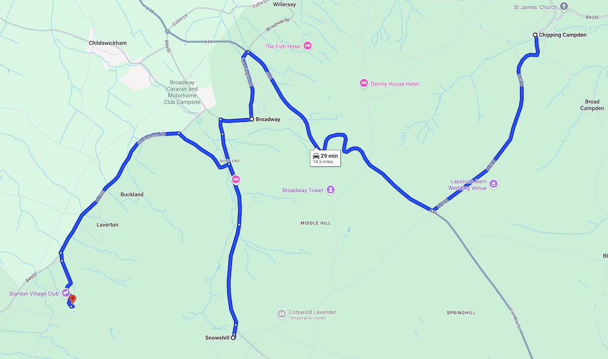 A Google roadmap of the Cotswolds, showing a blue line route starting in Chipping Campden and ending in Stanton (with a red marker), with white markers of highlights along the way.
