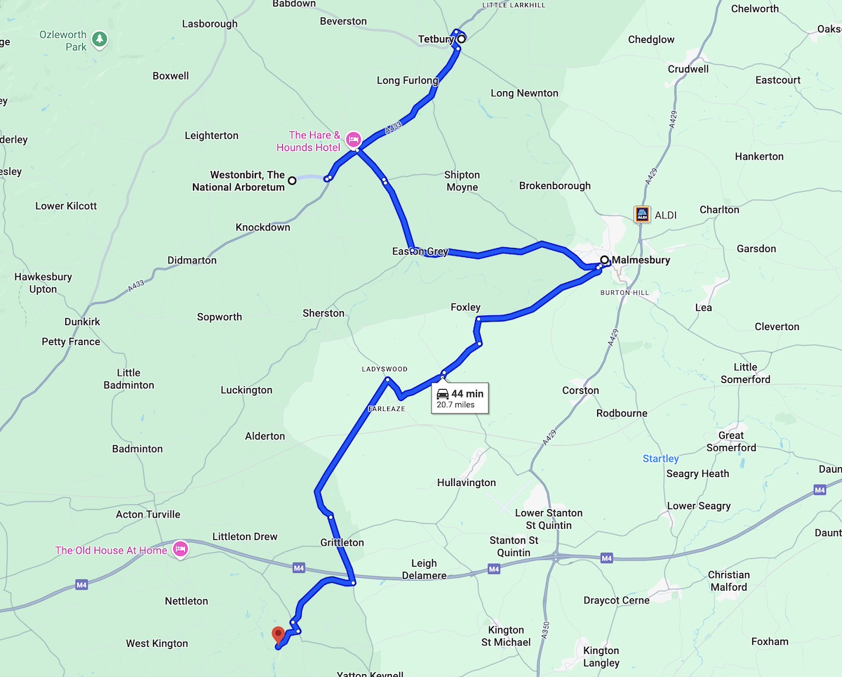 A Google roadmap of the Cotswolds, showing a blue line route starting in Tetbury and ending in Castle Combe (with a red marker), with white markers of highlights along the way.