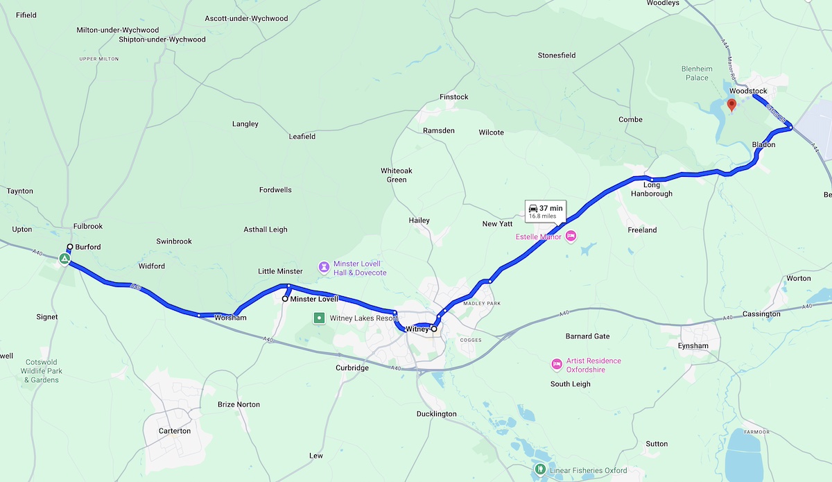 A Google roadmap of the Cotswolds, showing a blue line route starting in Burford and ending in Woodstock (with a red marker), with white markers of highlights along the way.