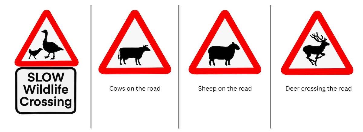 a visual illustration of four UK road signs of red triangles on white backgrounds, and descriptions under each one, including: "slow wildlife crossing" with silhouettes of two ducks, and the other signs with silhouettes of a cow, a sheep, and a stag.