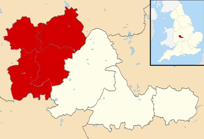county borders map of the West Midlands (highlighted in cream on beige background), and the Black Country region highlighted in red, with a small map of England in the top right corner, with the West Midlands highlighted in red.