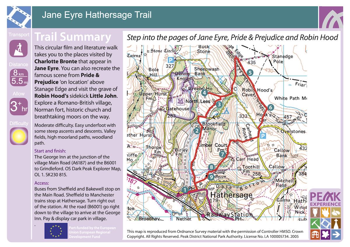 A map and guide for the Jane Eyre Hathersage Trail, a circular walk visiting locations that inspired Charlotte Brontë's novel. The trail also features sites connected to Pride & Prejudice and the legend of Robin Hood. The map shows points of interest like North Lees Hall and Stanage Edge, with practical information on transport and difficulty.