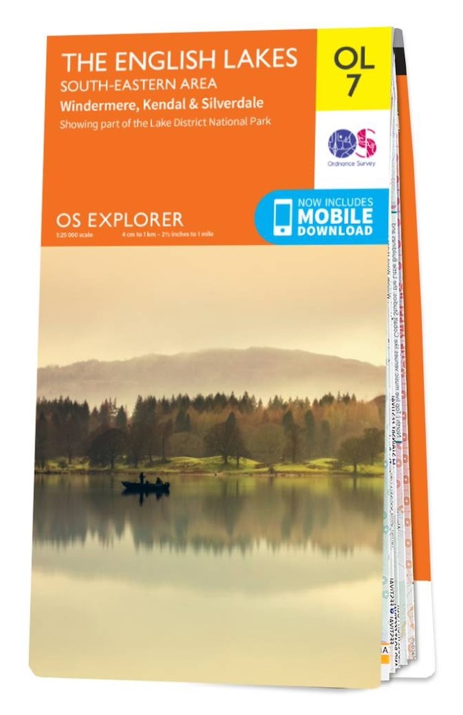 Front cover of an OS paper folded map/atlas in orange border with text displaying "The Peak District South-Eastern Area, OS Explorer OL7" with a featured photograph of a view of a lake with a small boat, woodland in the distance that's reflected in the water, and a cloudy mountain-range in the distance.