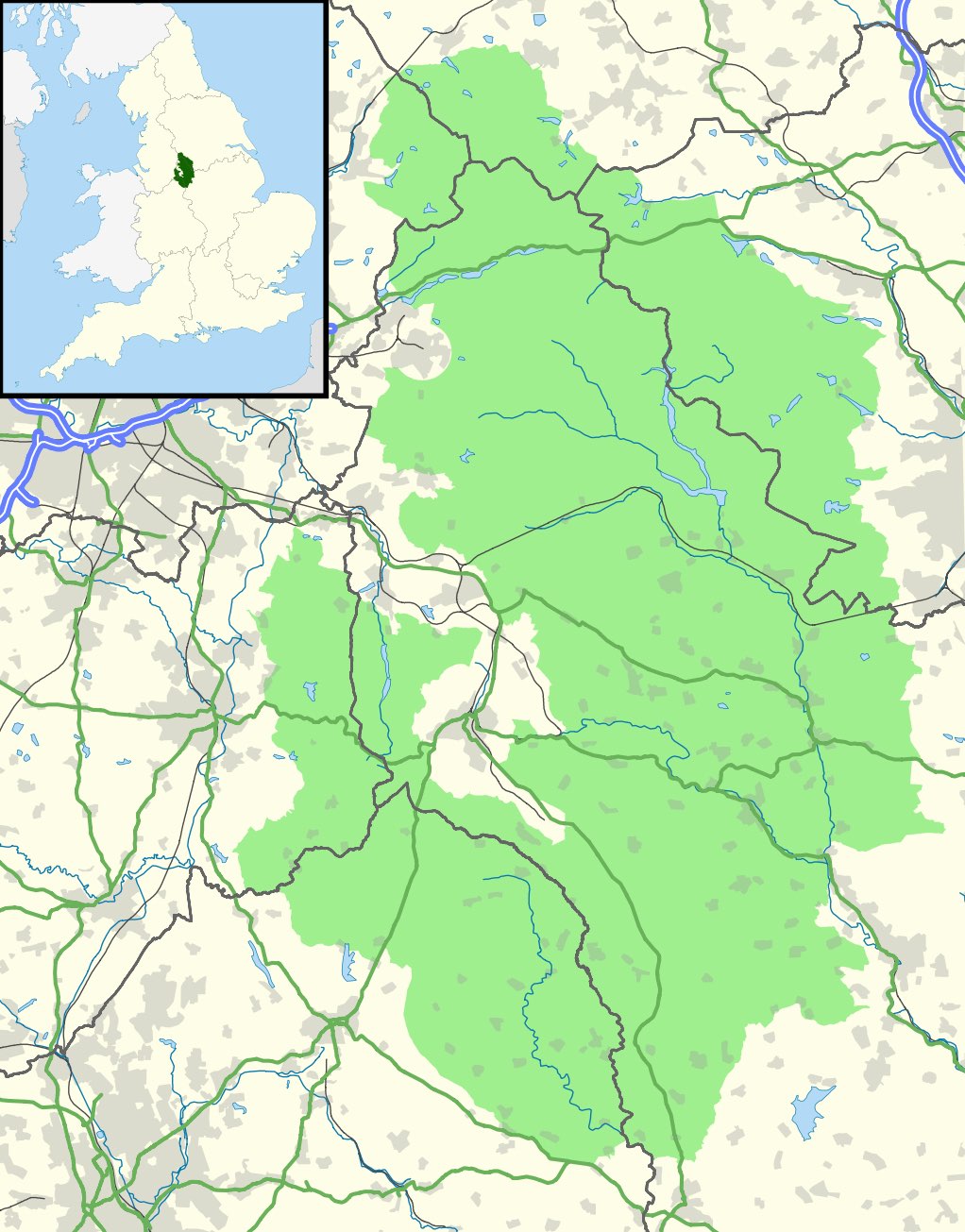 A geological map of the Peak District highlighted in light green with county borders, main roads, rivers, and urban areas highlighted in grey. In the top left corner is a small map of the UK with the Peak District region highlighted in dark green.