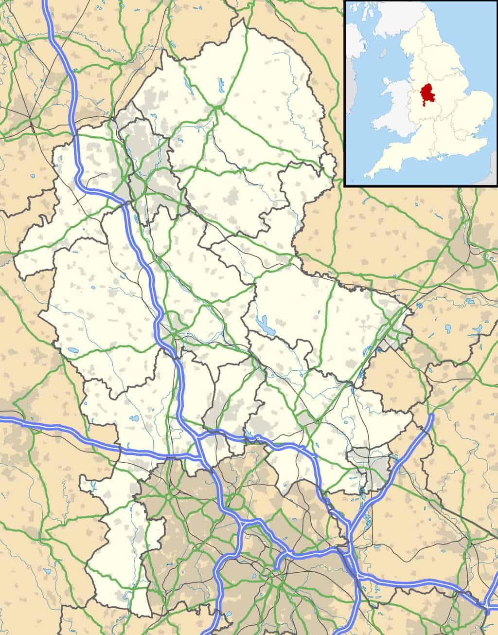 A location map of Staffordshire, England, with a small map of the UK in the top left corner highlighting Staffordshire's position within the country in red, with neighbouring counties, motorways in blue, main A roads in green, and urban areas in grey highlighting major towns like Stafford, Stoke-on-Trent, Cannock, Lichfield, Burton, Uttoxeter, and Leek.
