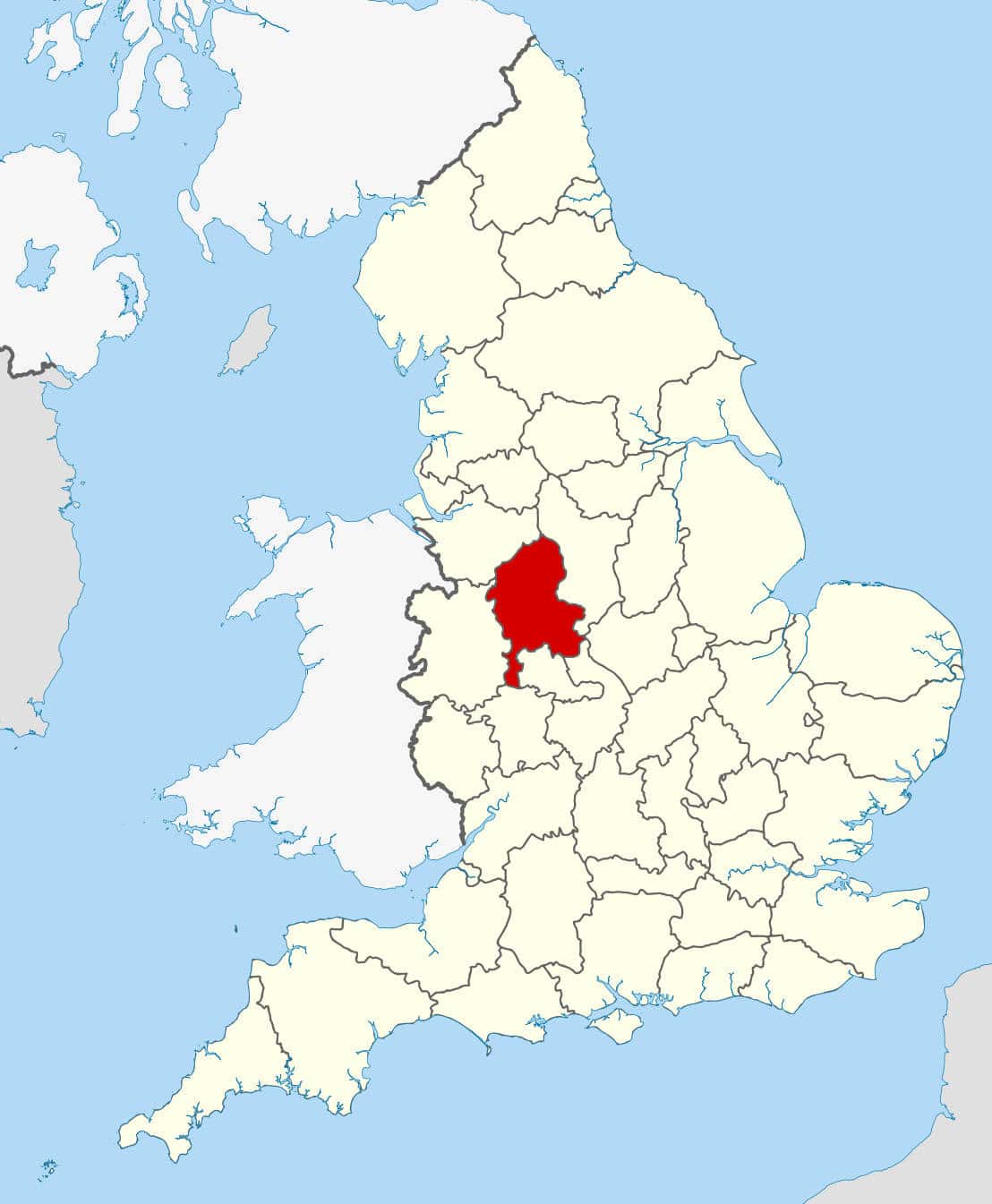 A locator map showing Staffordshire's position within the United Kingdom (in red), highlighting its borders with surrounding counties.
