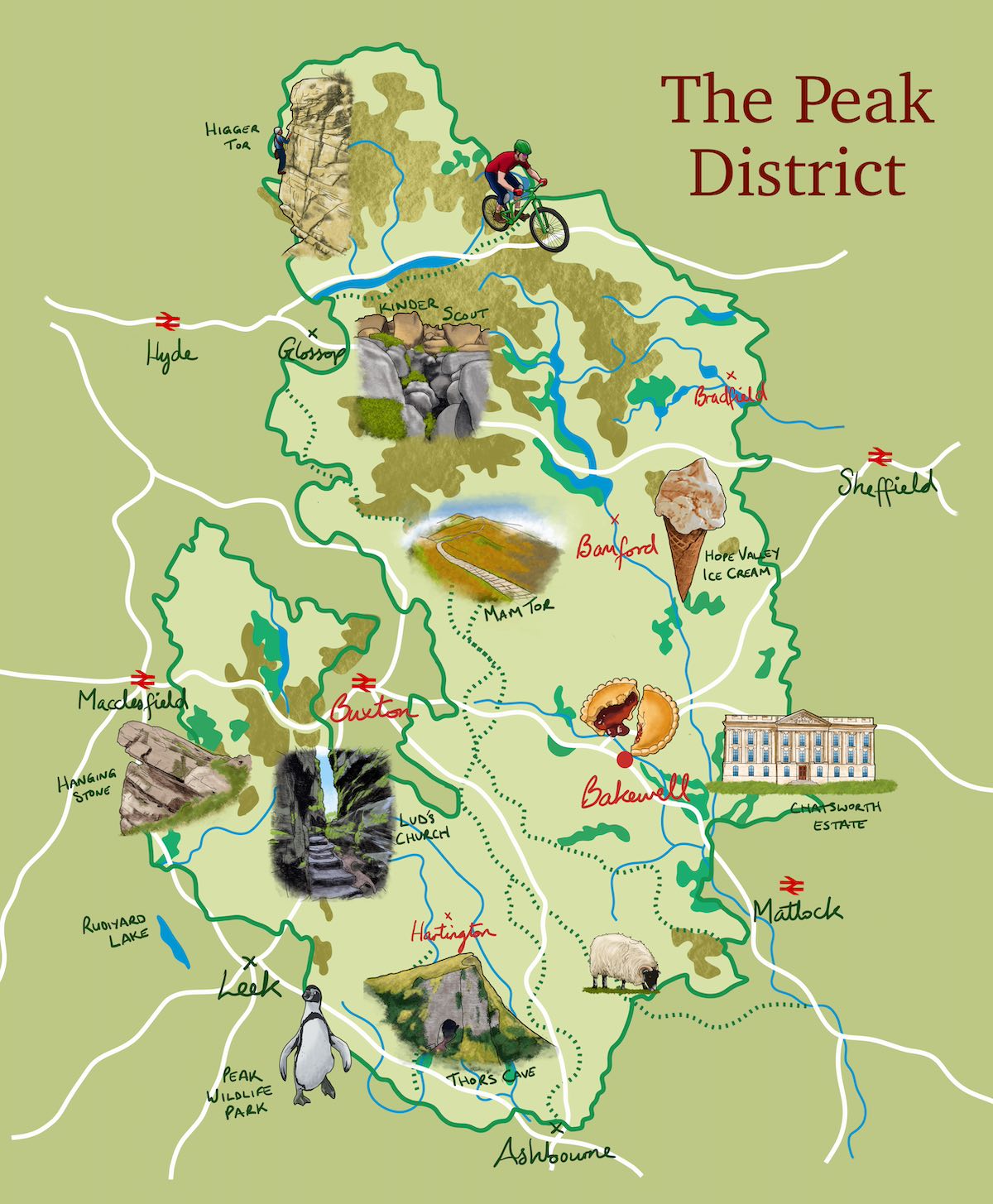 A stylized, illustrated map of the Peak District National Park. It features cartoon-like drawings of hills, trees, and landmarks with labels such as "Mam Tor," "Hope Valley Ice Cream," and "Peak Wildlife Park." Nearby towns of Sheffield, Ashbourne, and Buxton are also indicated.