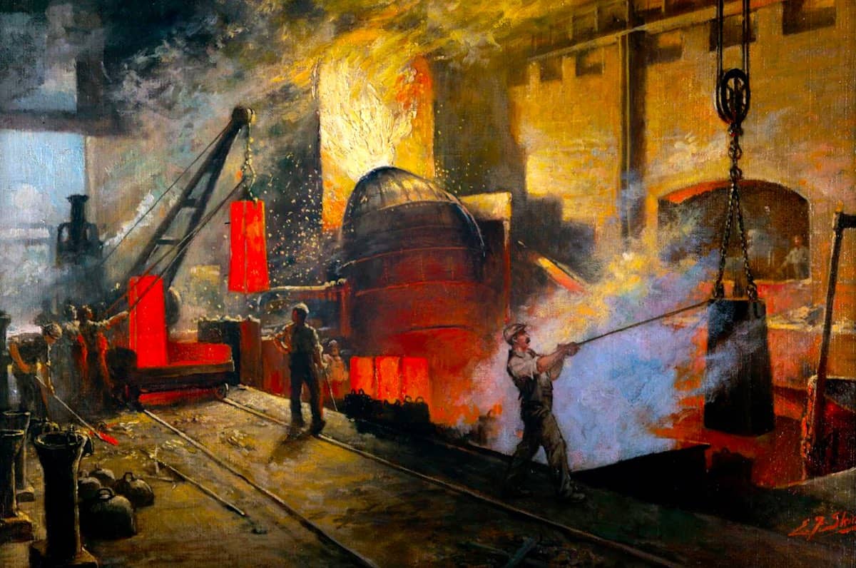 oil painting of a victorian blast furnace from the midlands region, showing labourers working away plunging red steel planks into steaming hot water from blazing smelters, with roaring fires billowing smoke above.